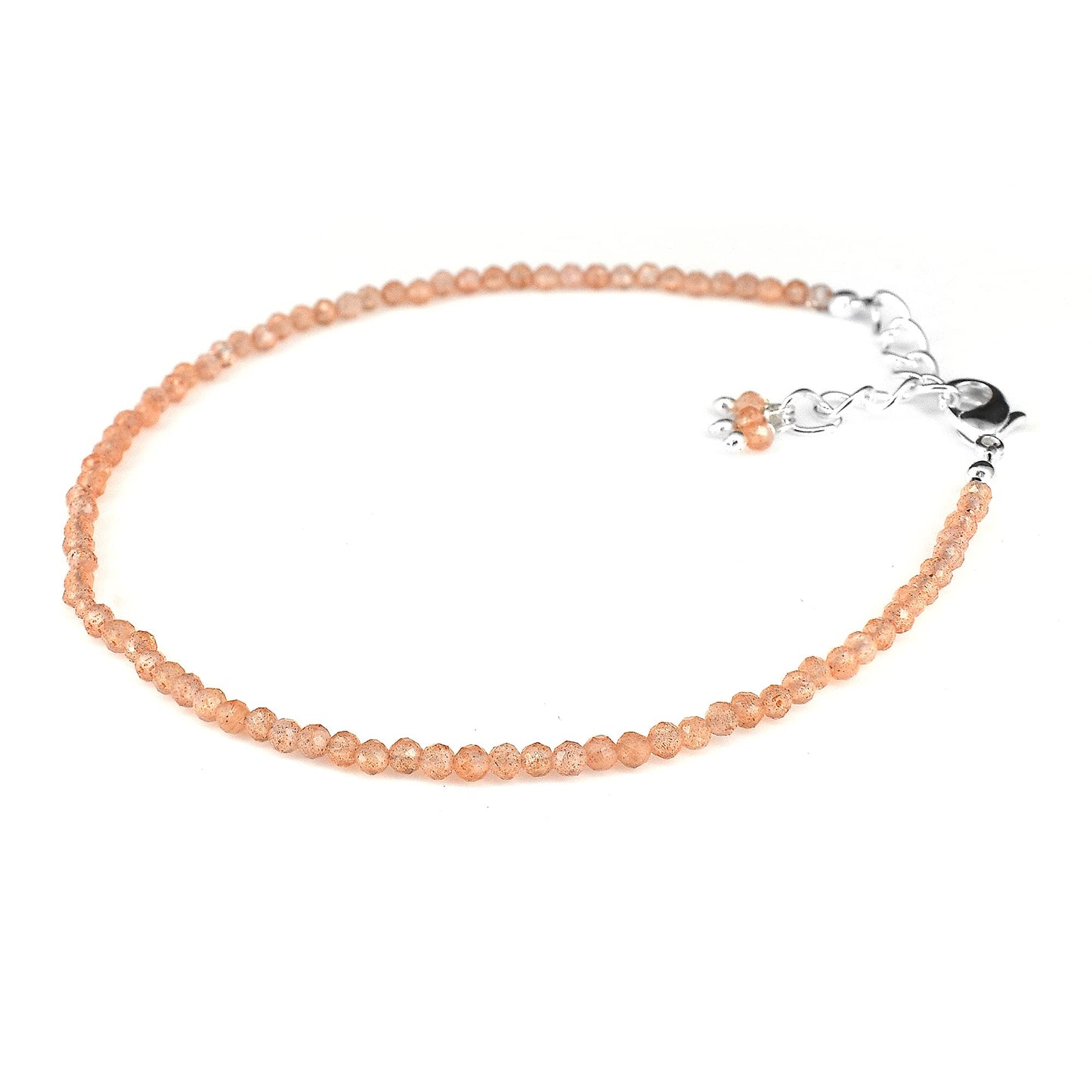 Gempires Handmade Sunstone Gemstone Beaded Bracelet for Women | 2.4–2.5 mm Faceted Natural Stone | Adjustable 7+1 Inch Silver Plated Chain | Dainty Minimalist Stacking Jewelry | Orange Sparkle Stone Gift