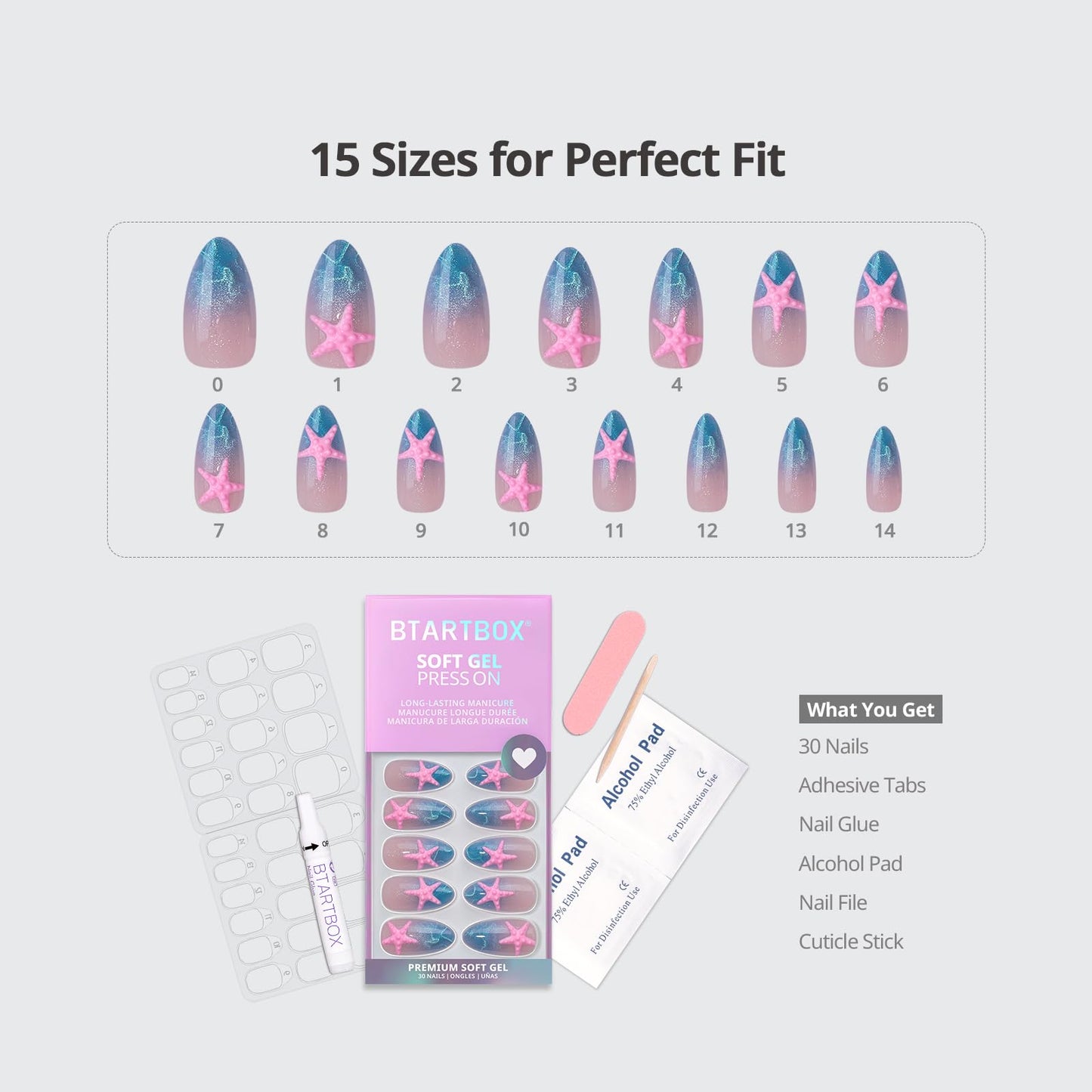 BTArtbox Press On Nails Medium - Star Shore, Easy-to-Apply 3D Starfish Blue Cat Eye Almond Press On Nails with Glue and Adhesive Tabs in 15 Sizes - 30 Nails All-in-One Kit