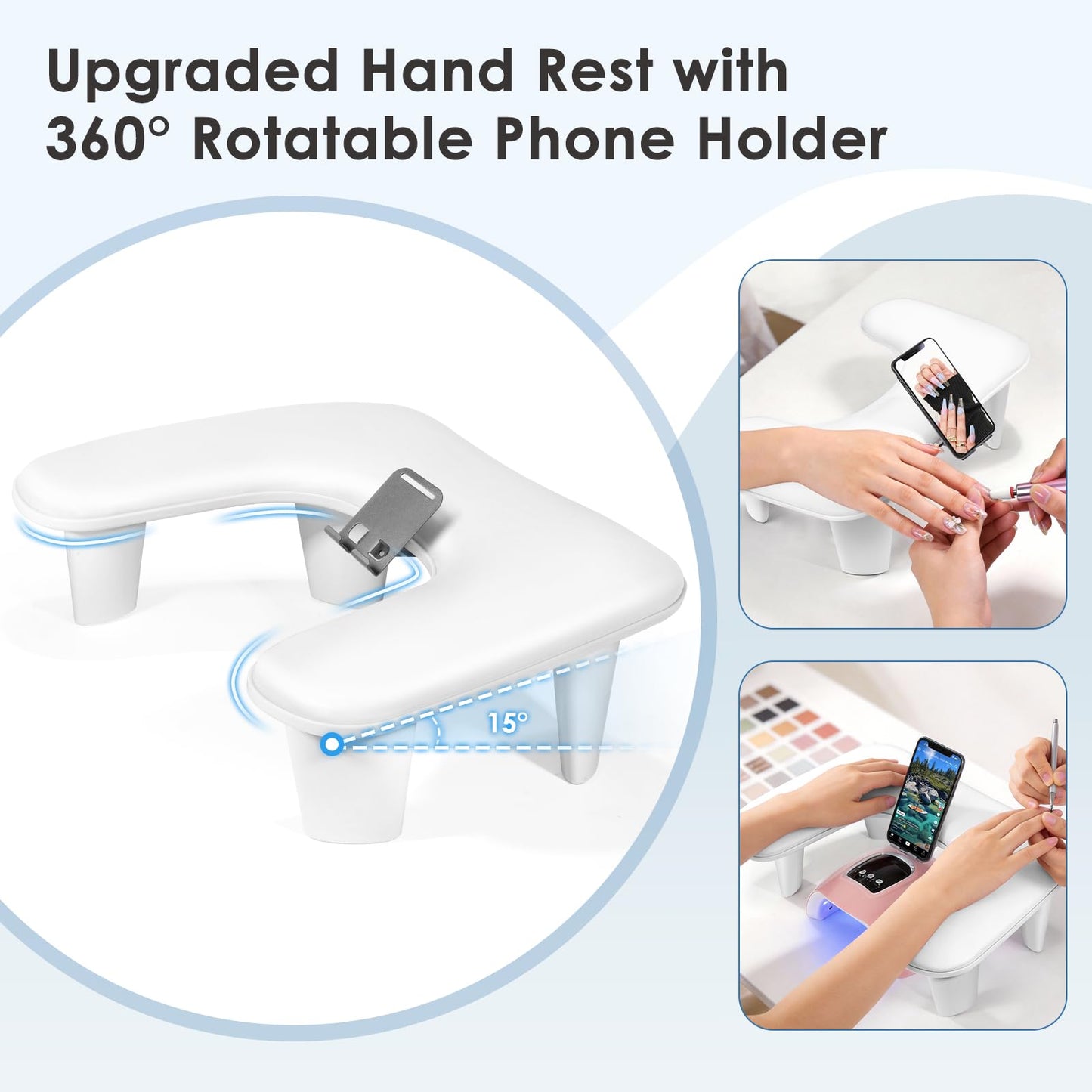 LIONVISON Arm Rest for Nails Tech: U Shaped Ergonomic Nail Hand Rest Stand PU Leather with Rotating Phone Holder for Nail Salon Manicurist (White)