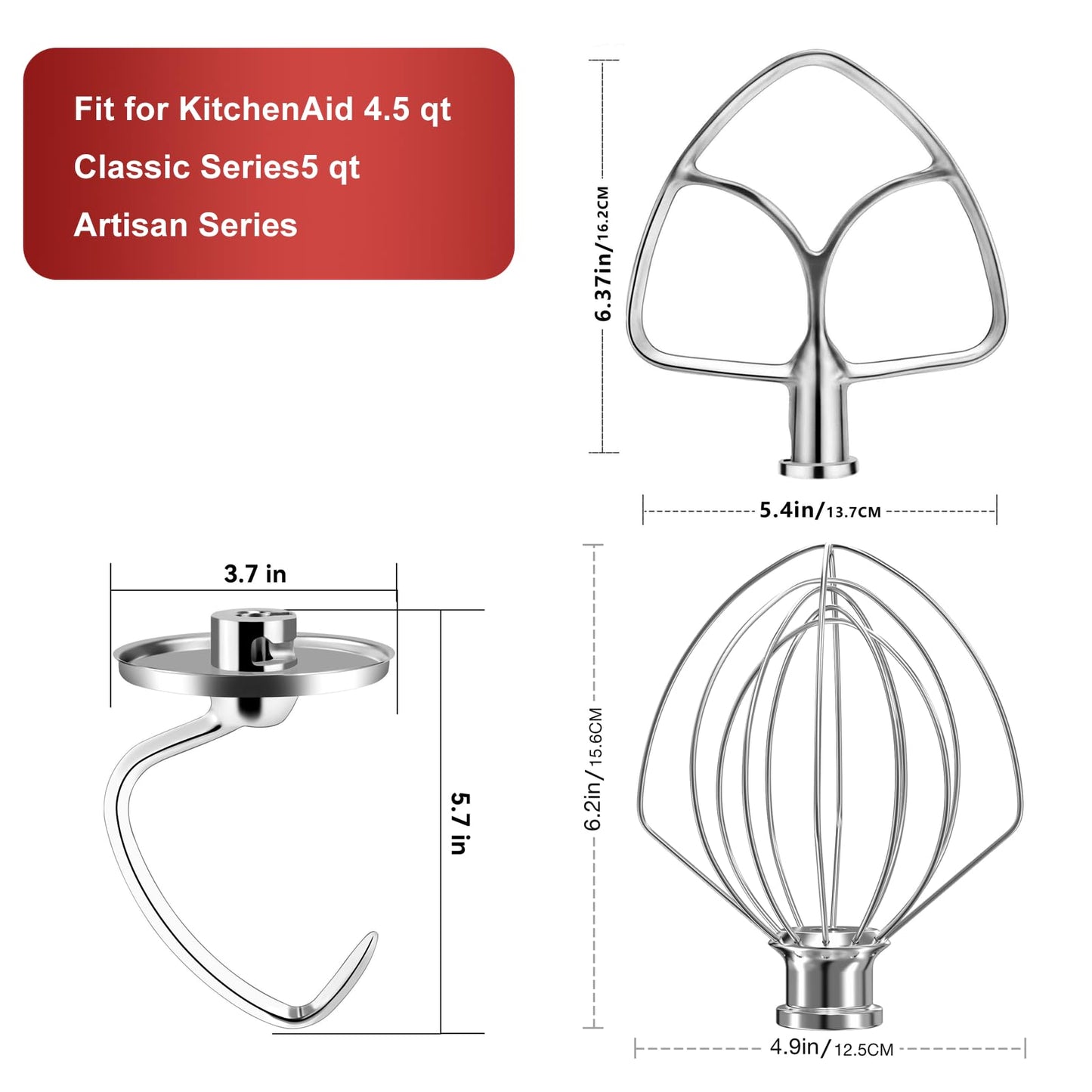 Stainless Steel Stand Mixer Attachments 3-Piece (4.5-5QT Flat Beater, 4.5-5QT Dough Hook, K45WW 6-Wire Whip Attachment) for KitchenAid Tilt-Head Stand Mixer and 4.5-5 Quart Bowl, Dishwasher Safe