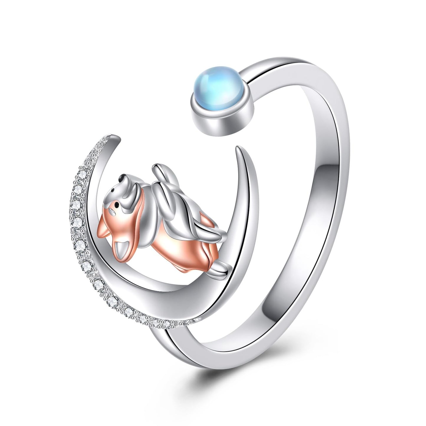 JBAERD Corgi Ring Sterling Silver Adjustable Dog Moonstone Ring Corgi Jewelry Gifts for Lover
