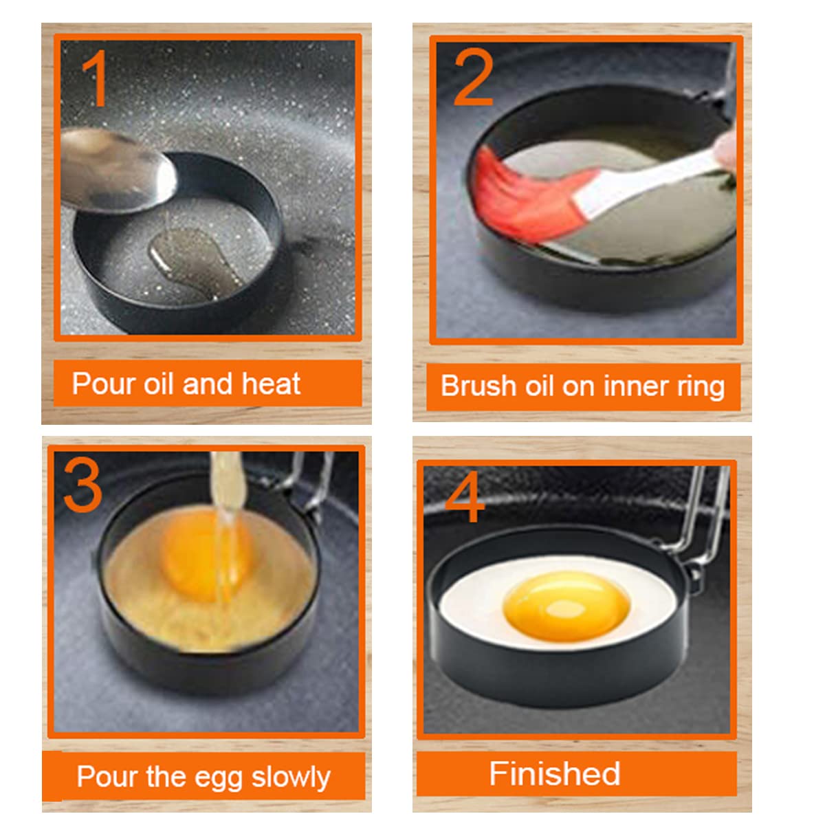 WOWITIS Upgrade 4'' Large Egg Rings Set, 4 Packs Stainless Steel Round Egg Maker Mold, Anti-scalding Grill, 1X Oil Brush & 1X Egg Separator White