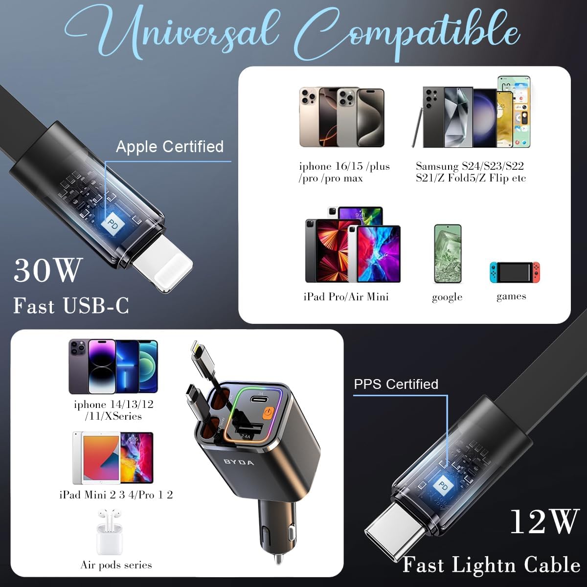 Retractable Car Charger, 4 in 1 Fast Charging USB-C & USB-A Compatible with iPhone 16/15/14/13/12/11 Pro Max, 69W Fast Car-Charger Cigarette Lighter Adapter for Galaxy, Pixel (Light-ning+USB-C) Black