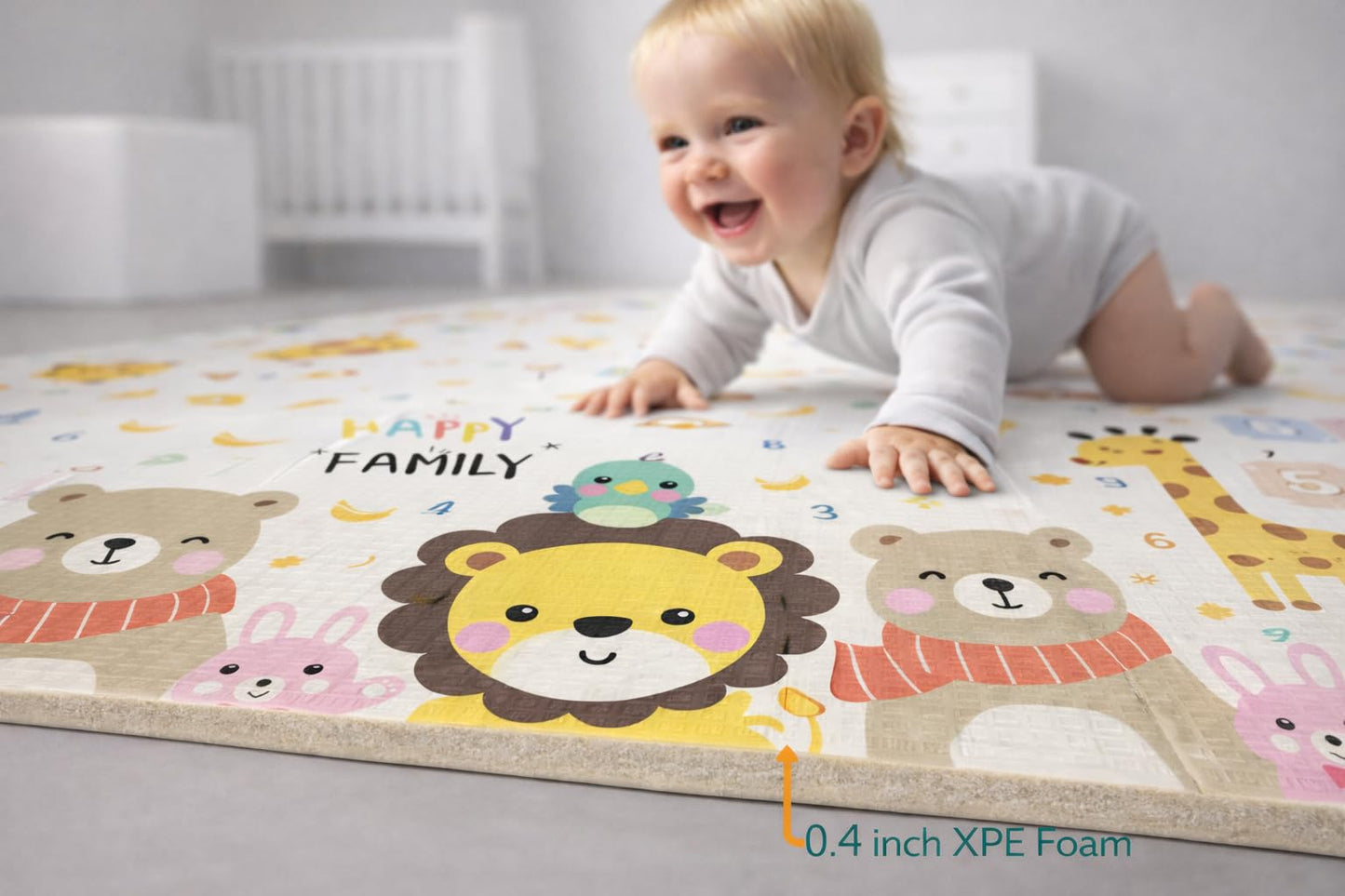 DAN&GO Extra Large Baby Play Mat, Foldable, Double-Sided, Beige, Non-Toxic XPE Material, Portable Activity Floor Mat for Babies 0-12 Months & Kids, Educational Design (Funny, 71 * 79 * 0.4)