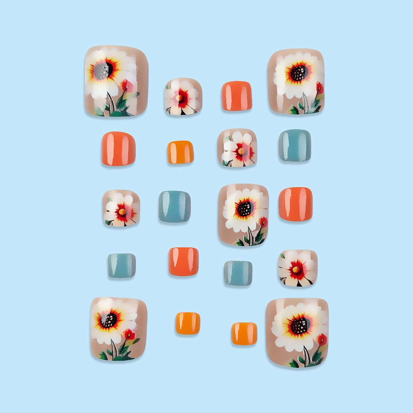 FIEONCIY 24pcs Press-on Square Acrylic False Nails Set with Glue, Chrysanthemum Pattern, Spring/Summer, Modern Style, Full Cover Nails, Multicolor, Glossy Finish