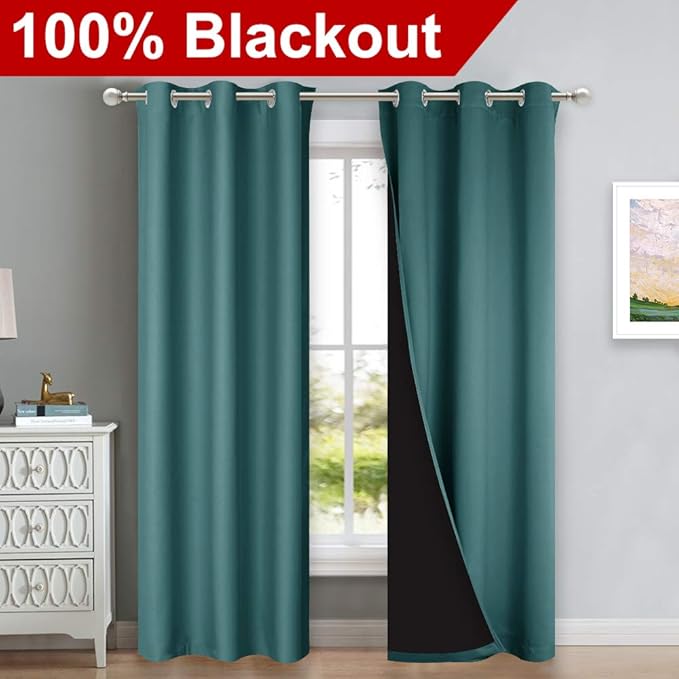 NICETOWN Sea Teal Full Shade Curtain Panels, Pair of Thermal Insulated & Energy Efficiency Blackout Drapes for Living Room Windows, Lined Silky Performance Window Dressing (37" Wide x 84" Long, Gray)
