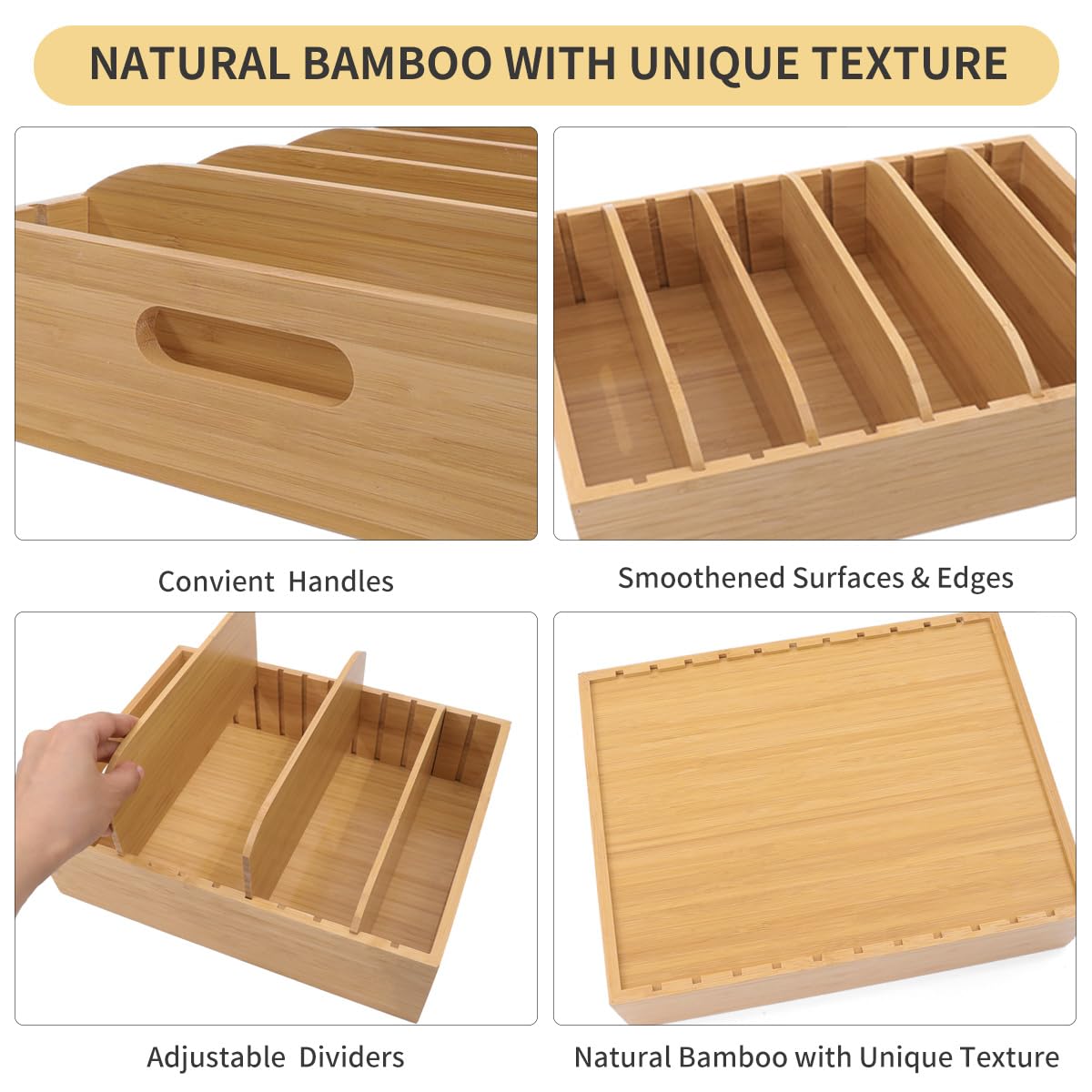 XiaoyuziTF Bamboo Lid Holder Food Container, Kitchen Organizer with 5 Adjustable Dividers, Cabinet Organizer for Food, Kitchen Gadget, Container Lids (2pcs)