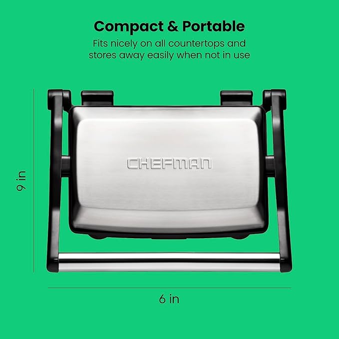 Chefman Electric Panini Press Grill, Compact 2-Slice Sandwich Maker, Non-Stick Coated Plates, Opens 180 Degrees, Dishwasher Safe, Removable Drip Tray, Stainless Steel/Black