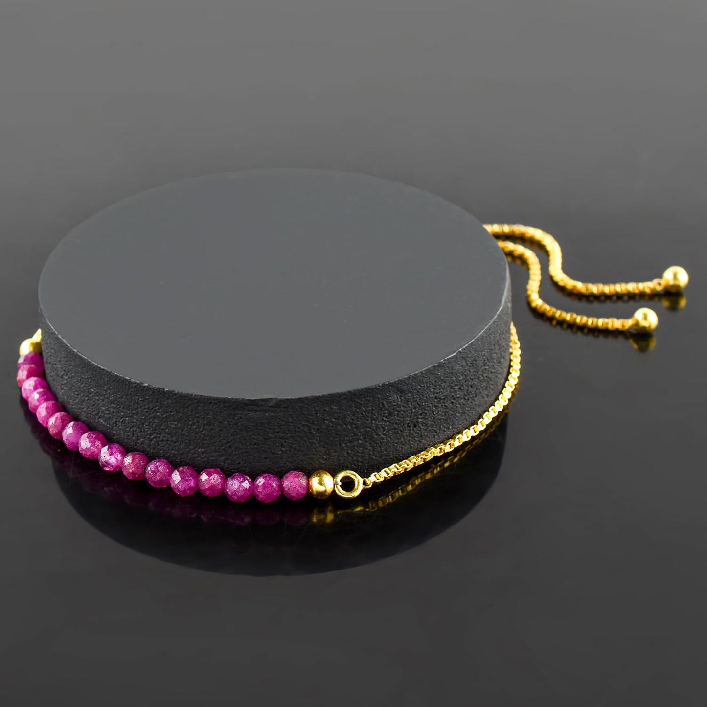 InfinityGemsArt Ruby Bracelets For Women, July Birthstone, Pink Beads Beaded Stone Bolo Slider Crystals Gemstones, 14K Gold Plated Adjustable Chain, Mother's Day Jewelry For Her