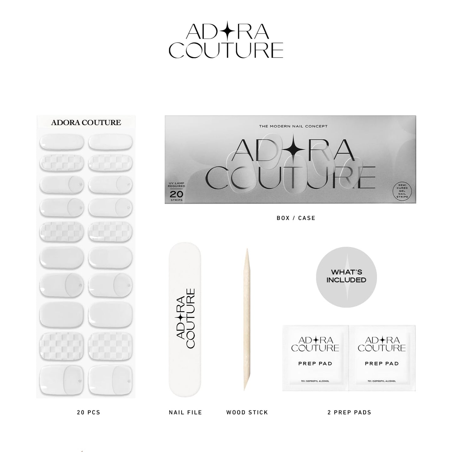 Adora Couture Semi Cured Gel Nail Strips with 20 Pieces - UV Gel Stickers, Manicure Kit, Easy Application Wraps Includes Prep Pads, Nail File, Wooden Stick - UV Light Required (Check White)