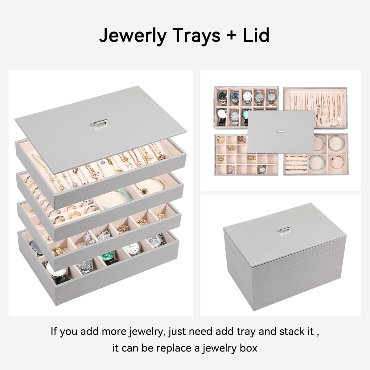 Voova Stackable Jewelry Organizer Tray with Lid, PU Leather Jewelry Storage Holder for Drawer Inserts, Jewellery Display Box Case for Earring Necklace Ring Watch Bracelet (Set of 4, Grey)