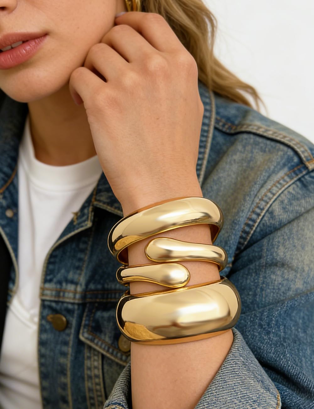 Chunky Gold Bangle Bracelets for Women, Dainty 14k Gold Plated Big Stackable Bangles Set, Trendy Statement Cuff Bracelet Jewelry Prom Wedding Accessories