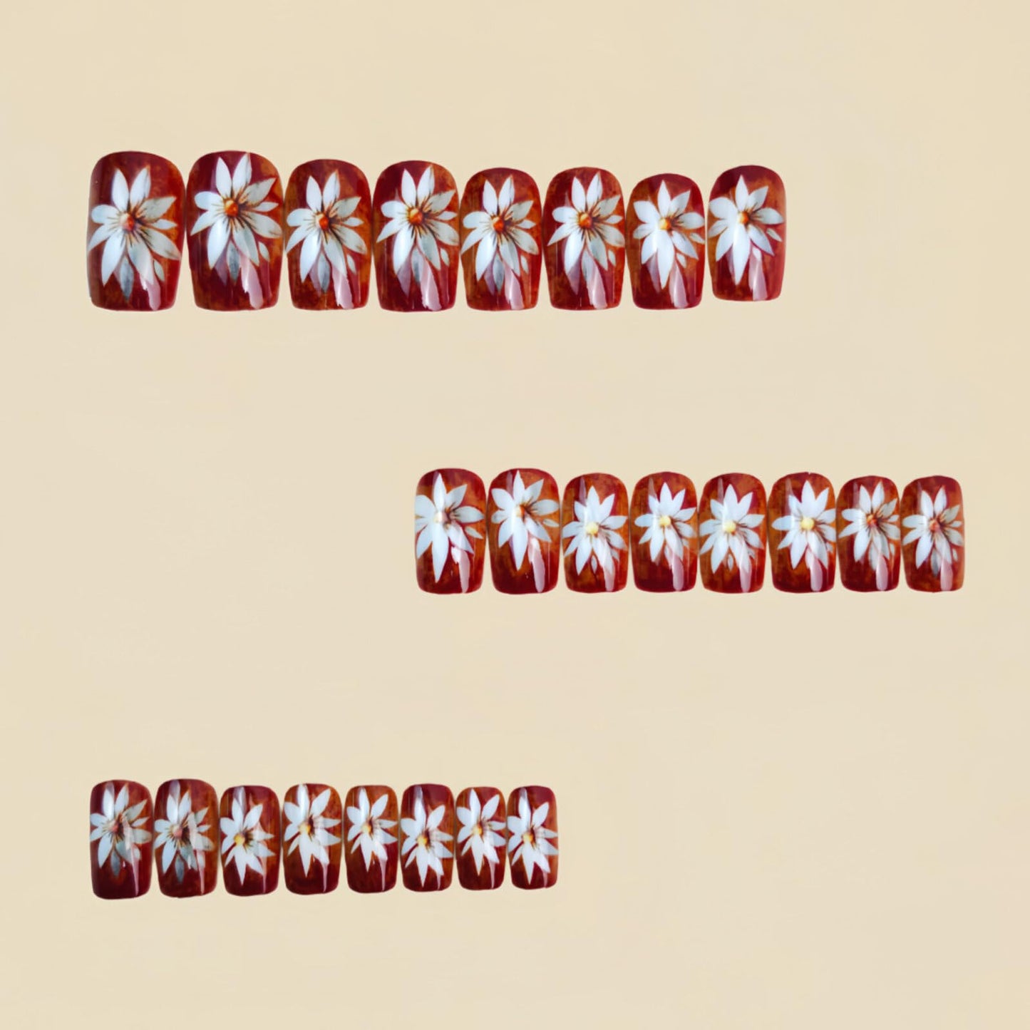 Medium Square Nails Burgundy Base Silver Bouquet Decoration Gold Stripes Glue on Nails Suitable for Manicure Artificial Nails Spring Fresh Style Elegant Shiny Delicate 24 Pcs