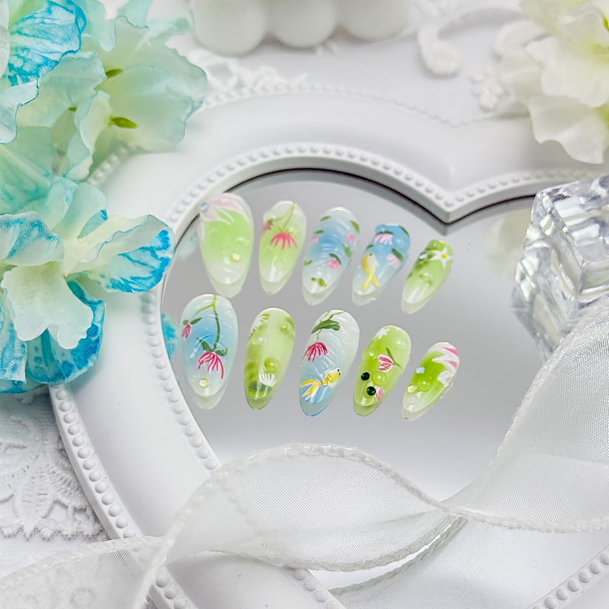 NEWSPIED Medium Almond Press on Nails Spring Summer Fake Nails with 3D Floral Koi Fish Lotus Designs Glossy Blue Green False Nails Cute Full Cover Artificial Acrylic Nails for Women DIY 24Pcs