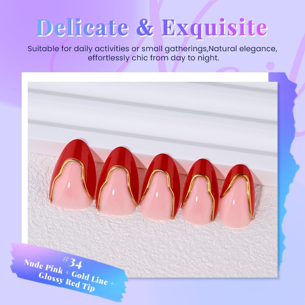 evpct French Tip Press On Nails Short Almond, Nude Pink + Gold Line & Ruby Red Tips, Glossy Short Almond Fake False Press on Nails, Reusable Gel Stick on nail Press ons with Nail Kit, Salon Quality
