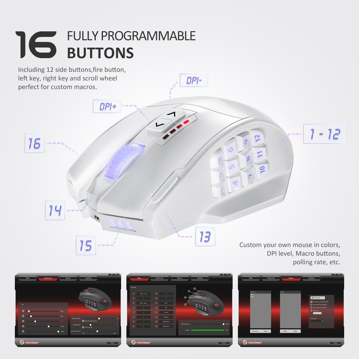 UtechSmart Venus Pro Wireless MMO Gaming Mouse, 16,000 DPI Optical Sensor, 2.4 GHz Transmission Technology, Ergonomic Design, 16M Chroma RGB Lighting, 16 Programmable Buttons, Up to 70H