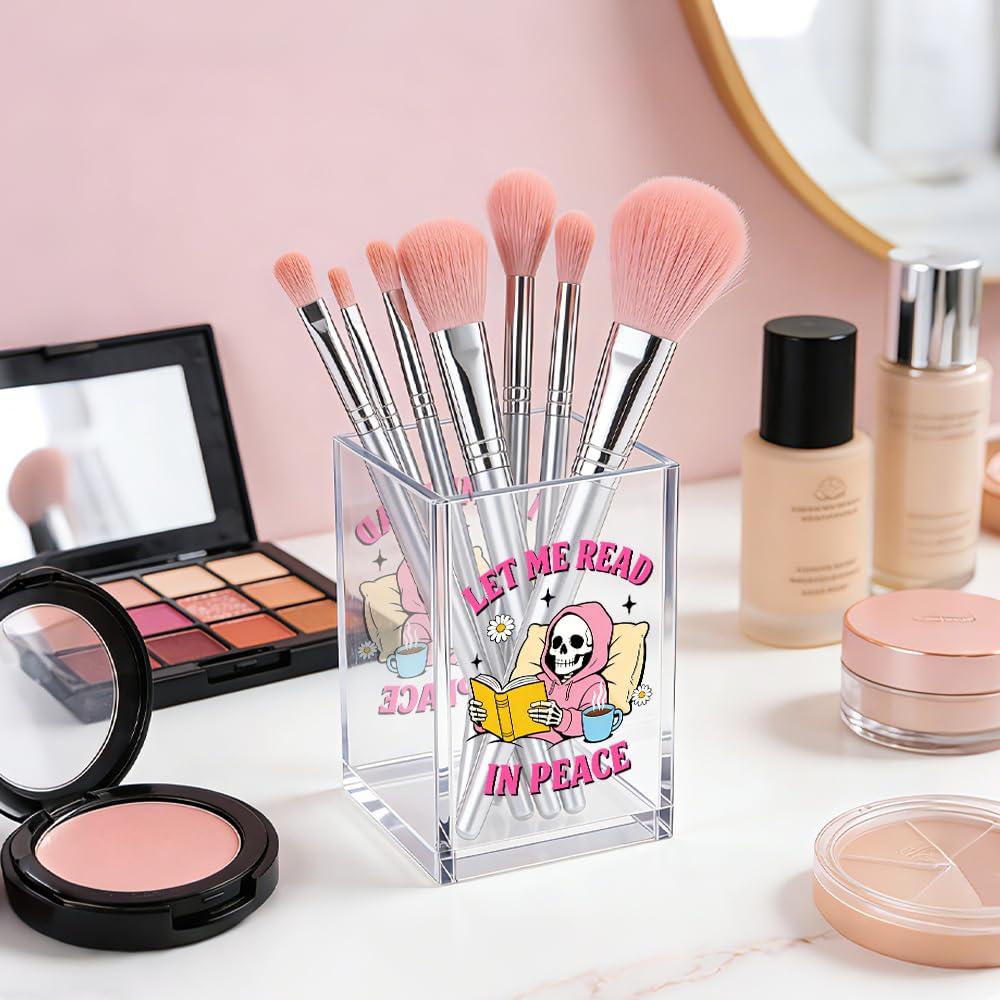MGLZXLU Let Me Read In Peace Acrylic Pencil Pen Holder Cup, Reading Book Club Makeup Brush Storage Organizer, Cute Bookish Desk Accessories Holder Gifts for Daughter Reader Librarian Teacher Holders