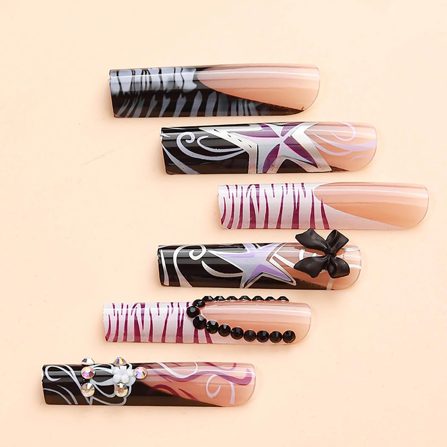 RUOKEXIN Extra Long Press on Nails Black French Tip Fake Nails Square False Nails with Bow Rhinestones Designs Extra Long Square Nail Press ons Sparkly Glue on Nails Cute Stick on Nails for Women