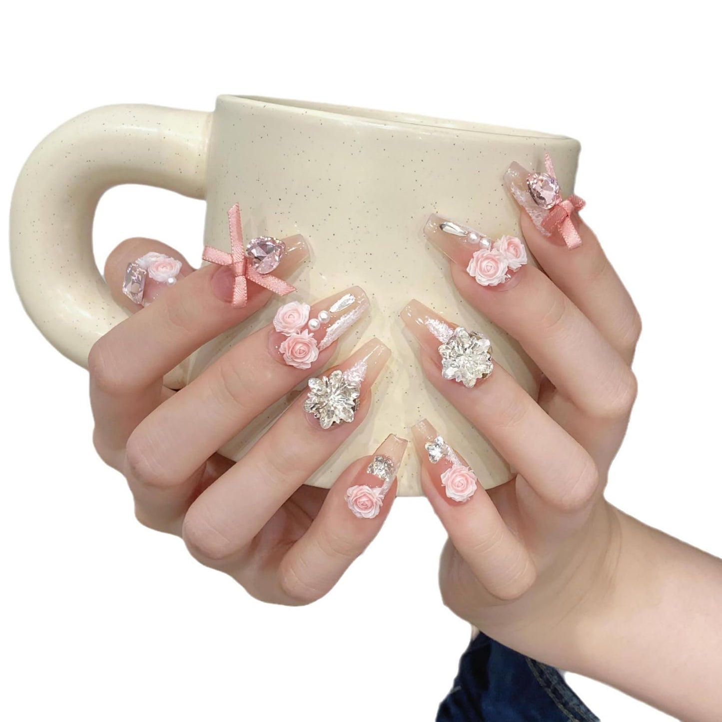 NLSJMP,Handmade Long Balerina Press on Nails,bow rhinestone Pearl Design Nail Art Kit,Acrylic Fake Nails Kit,Reusable False nails,Include Toolkit,10pcs,Rose,Size M