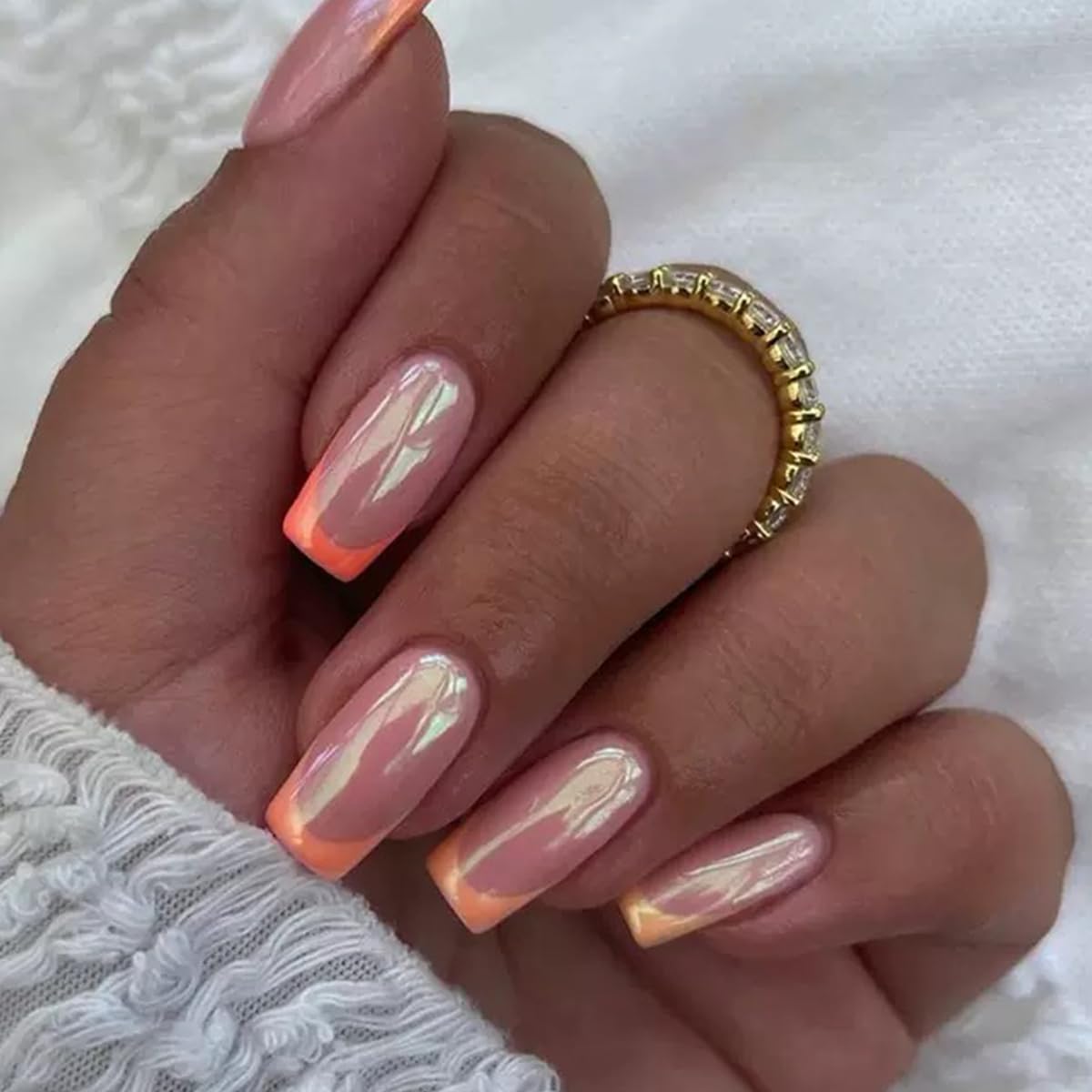 6 Packs (144 Pcs) Press on Nails Medium Square Fake Nails Chrome False Nails with Designs Hot Pink Siliver Glue on Nails Full Cover Solid Color Glossy Acrylic Stick on Nail for Women Manicure