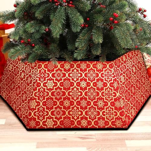 Christmas Tree Collar, Red Christmas Tree Collar, Gold Snowflake Christmas Trees Skirt, Square Christmas Trees Ring, Foldable Hexagon Xmas Tree Skirt, Snowflake Decor for Holiday Party Home, 31 inch