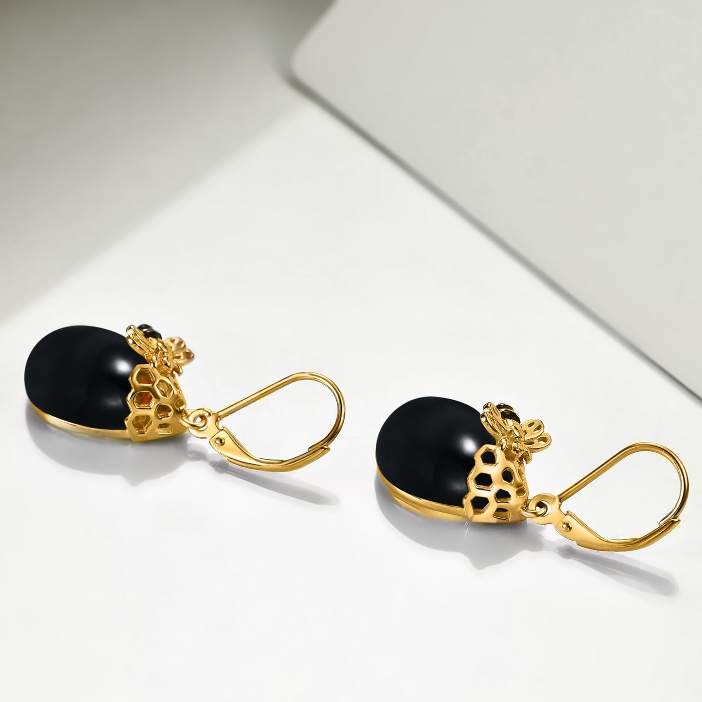 TIGERRIDER Bee 925 Sterling Silver French Clasp Earrings Obsidian Pendant Jewelry Gift for Women