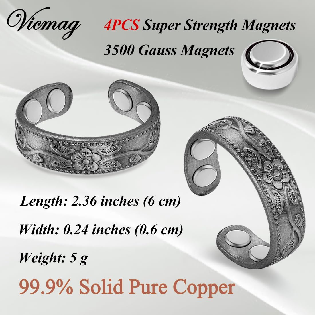 Vicmag Copper Magnetic for Women Magnetic Rings 99.9% Copper Finger Strong Magnet Gift Adjustable