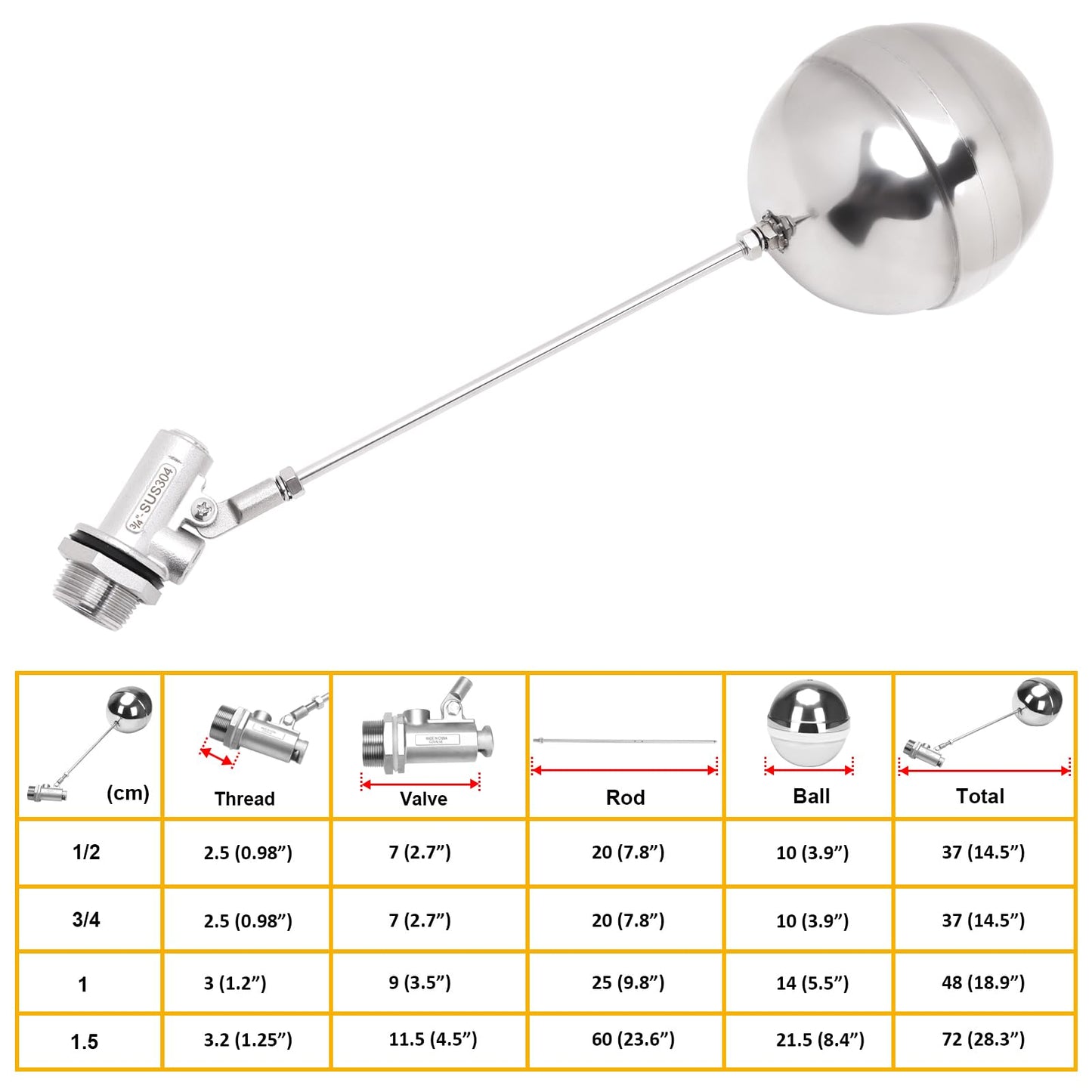 DERPIPE Stainless Steel Float Ball Valves - 3/4" NPT Male Thread Flow Control Float Sensor Valve Automatic Water Level Control Float For Tank Pond Water Tower