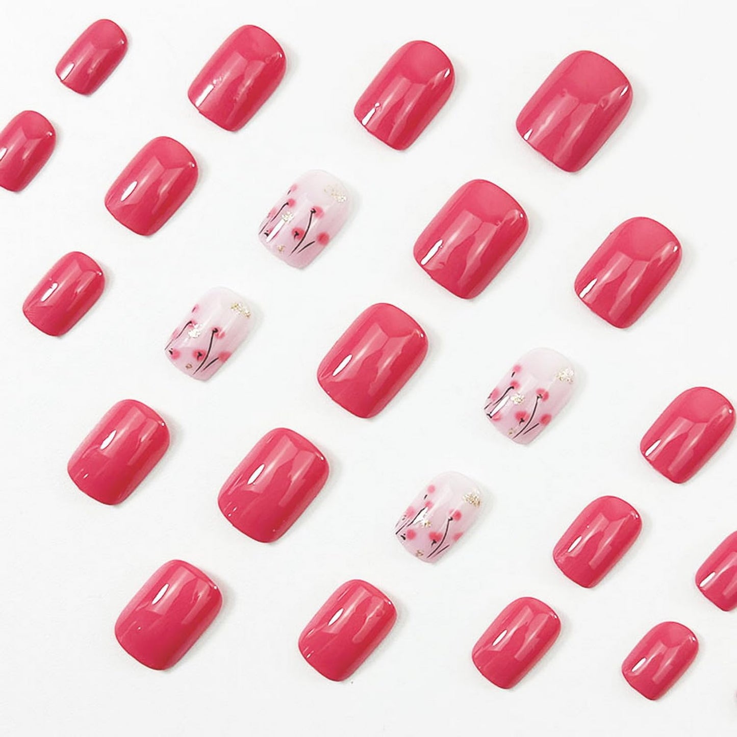 Pink Press on Nail Short Square Fake Nails with Flower designs Gold Foil Stick on Nail Glossy Acrylic Artificial Press ones Full Cover Spring Summer False Nails for Women Glue on Nails24pcs