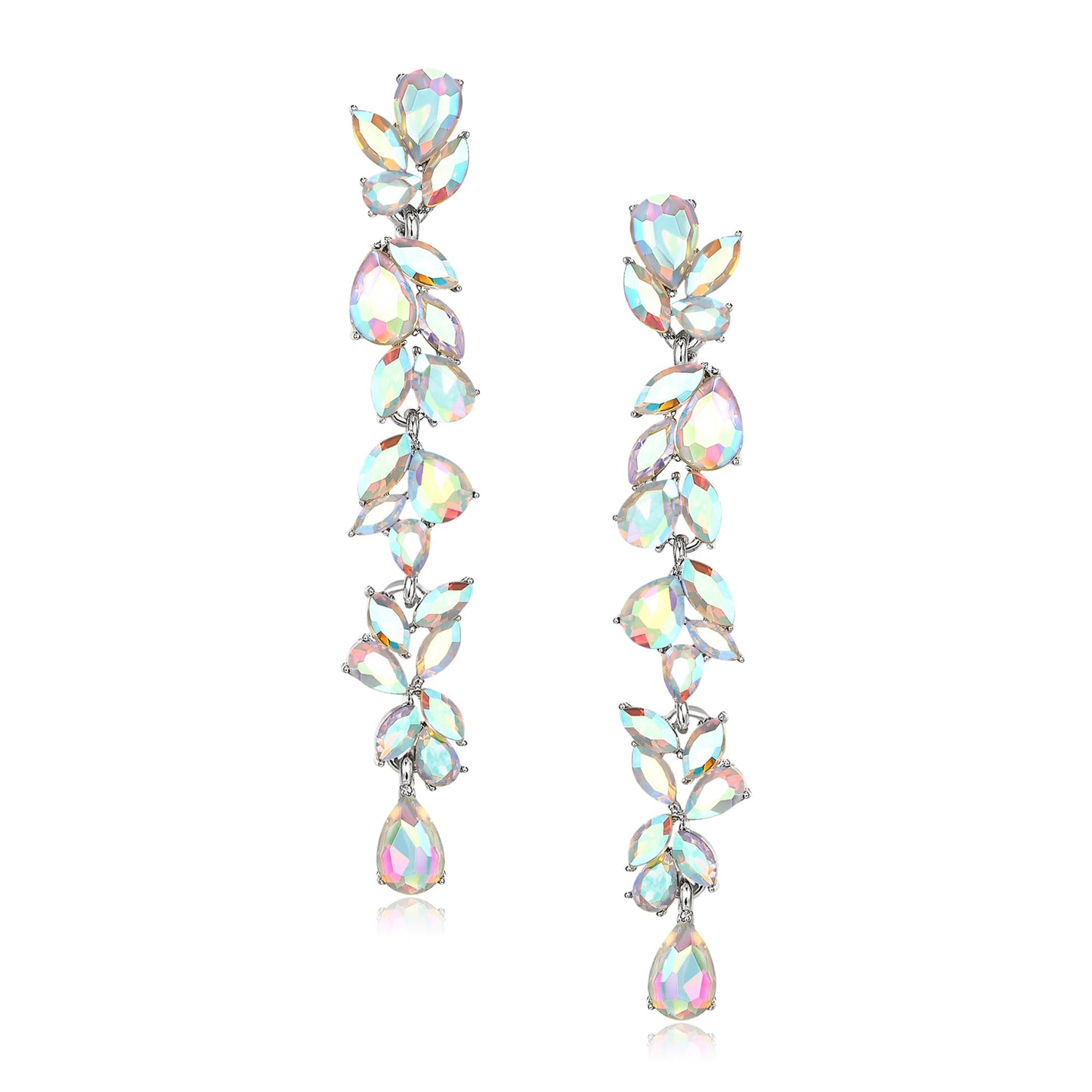EVER FAITH Crystal Wedding Chandelier Dangle Earrings for Bridal, Rhinestone Marquise Teardrop Floral Long Drop Earrings for Women Iridescent AB Silver-Plated-Base