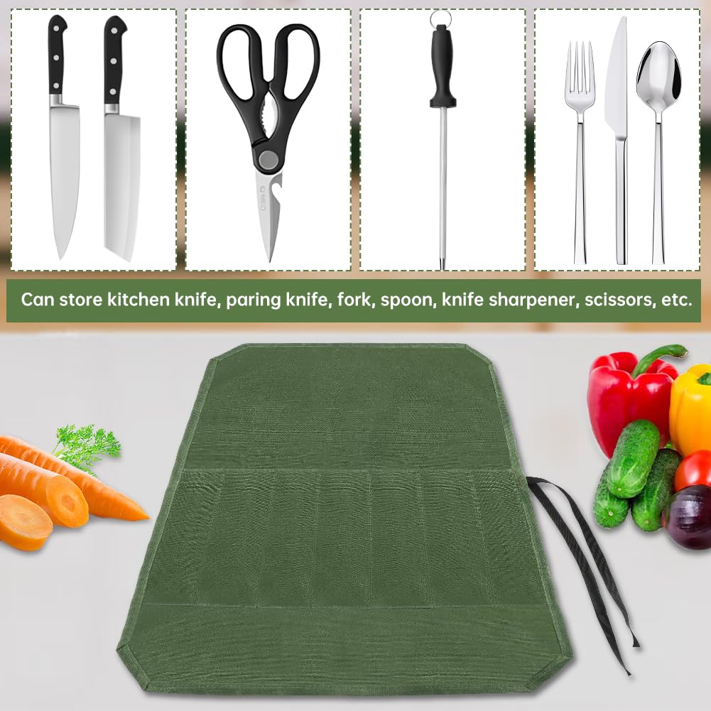 Knife Roll Bag, Chef’s Knife Roll Bag, Waterproof Waxed Canvas Pouch with 7 Slots, Multi-function Cutlery Knives Pouch Holder for Home Kitchen Travel Camping