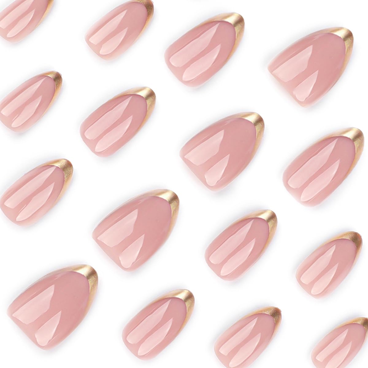 Gold French Tip Press on Nails Medium Oval Shape Pink Almond Fake Nails with Glue Full Cover Glossy False Nails for Women DIY Manicure Decoration 24PCS Reusable Acrylic Nails
