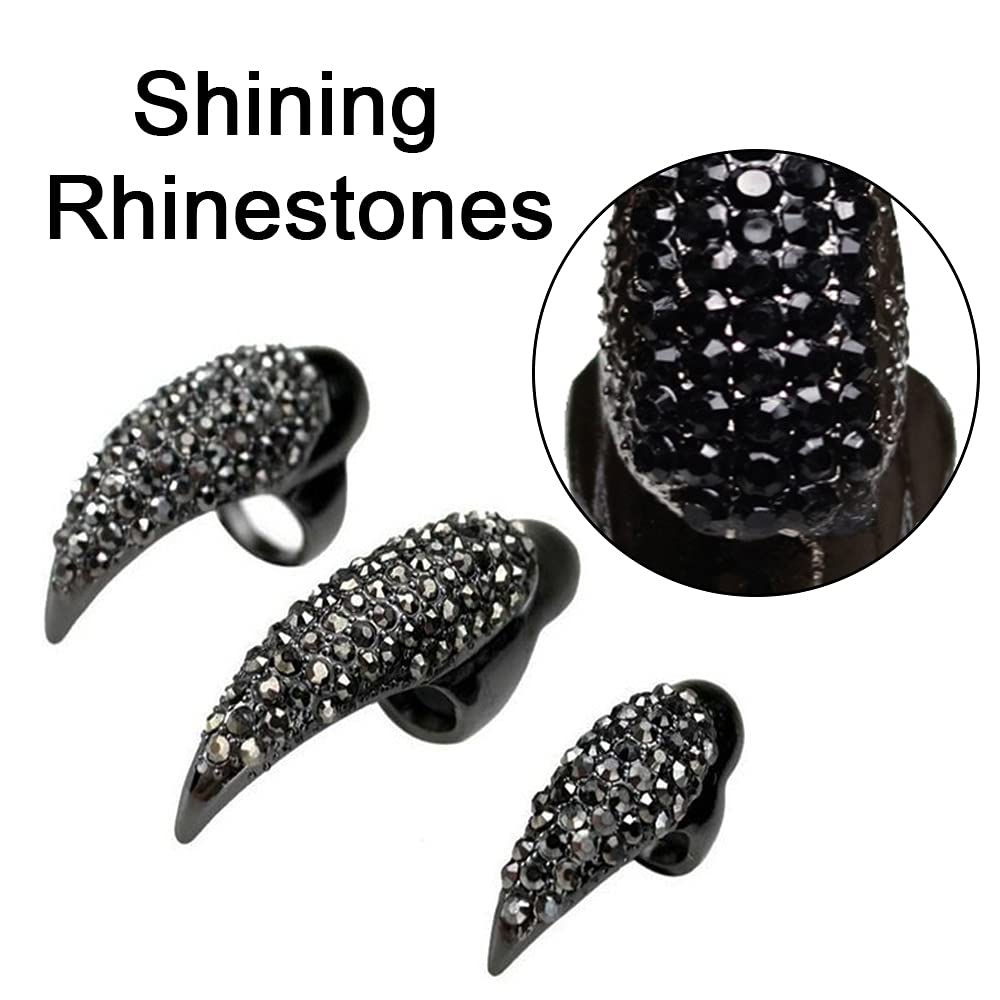 10PCS Halloween Costume Claws,Fake Nails Ring Set, Gothic Punk Crystal Full Finger Rings Paved Paw Bend Fingertip Fingernail Claw Girls Women Men Ring False Easy Long Nails Black(3 Sizes)