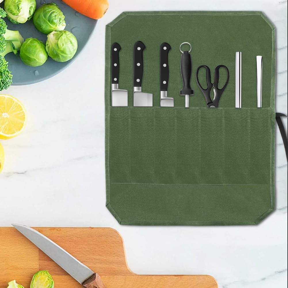 Knife Roll Bag, Chef’s Knife Roll Bag, Waterproof Waxed Canvas Pouch with 7 Slots, Multi-function Cutlery Knives Pouch Holder for Home Kitchen Travel Camping