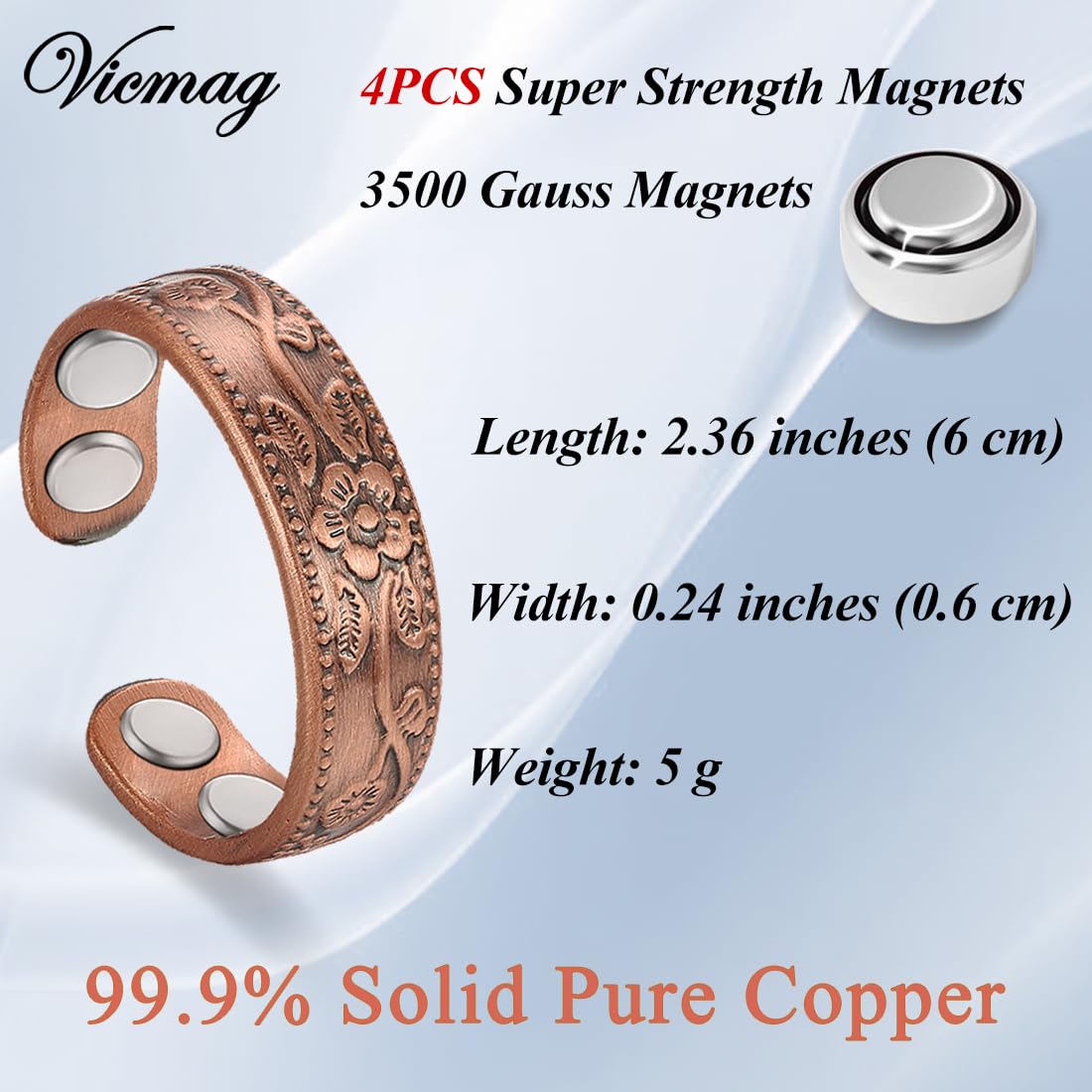 Vicmag Copper Magnetic Rings for Women 99.9% Copper Finger Ring Ultra Strength Magnet Gift Adjustable