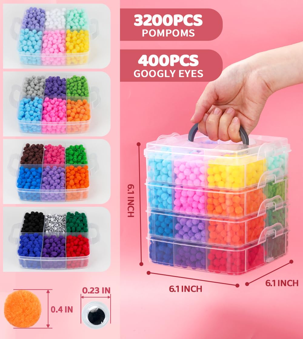 Praisebank Pom Poms, 3600pcs 1cm, 3200 Small Pompom Balls for Arts & Crafts, Soft and Fluffy Craft Pompoms with 400 Wiggle Eyes.(Multi-Colored)