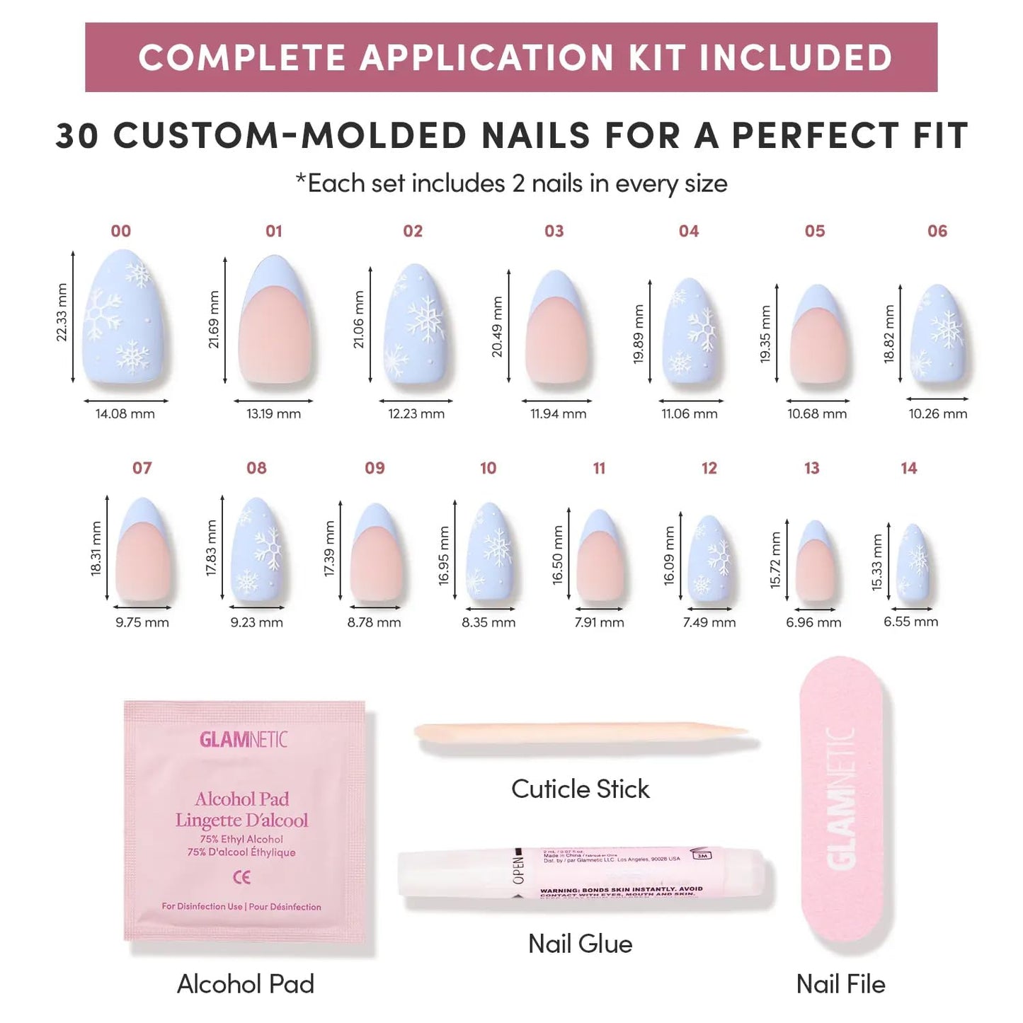 Glamnetic Press-On Nails Bundle - Snow Bunny & Pink Comet | Pale Blue Short Almond Fake Nails with French Tips & 3D Snowflake Designs | Pale Pink Short Almond Fake Nails with 3D Gems | Durable, Salon-