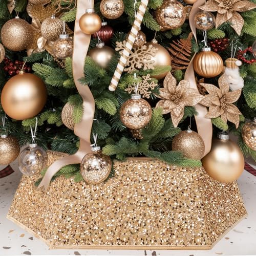 XmasExp Christmas Tree Collar, 33.5 inch Sequin Tree Skirt Stand Base Cover for Home Decor, Large Size 6 Piece, Champagne Gold