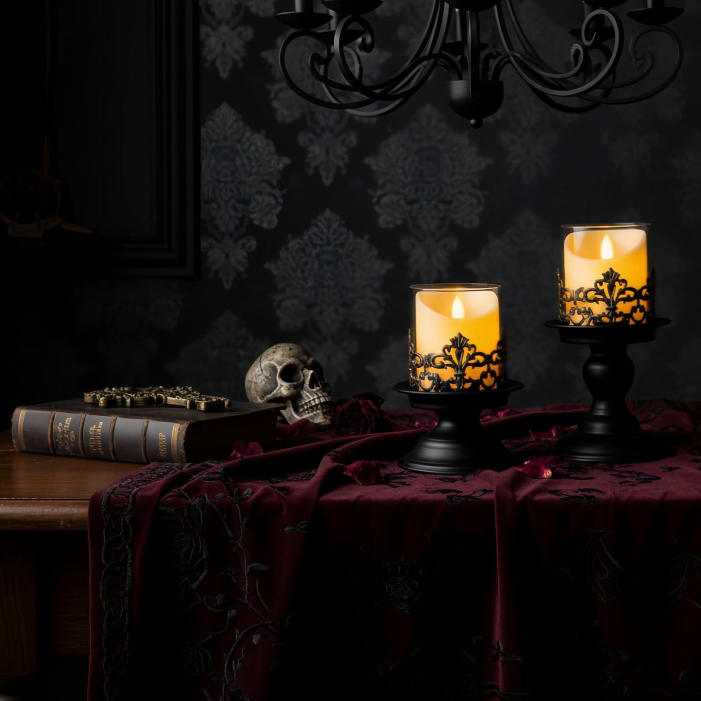 Woparty Gothic Hurricane Candle Holders, Black Metal with Glass Sleeve, Set of 2 Decorative Pillar Holders, 5.9 and 7.9 Inch Height, 4 Inch Diameter