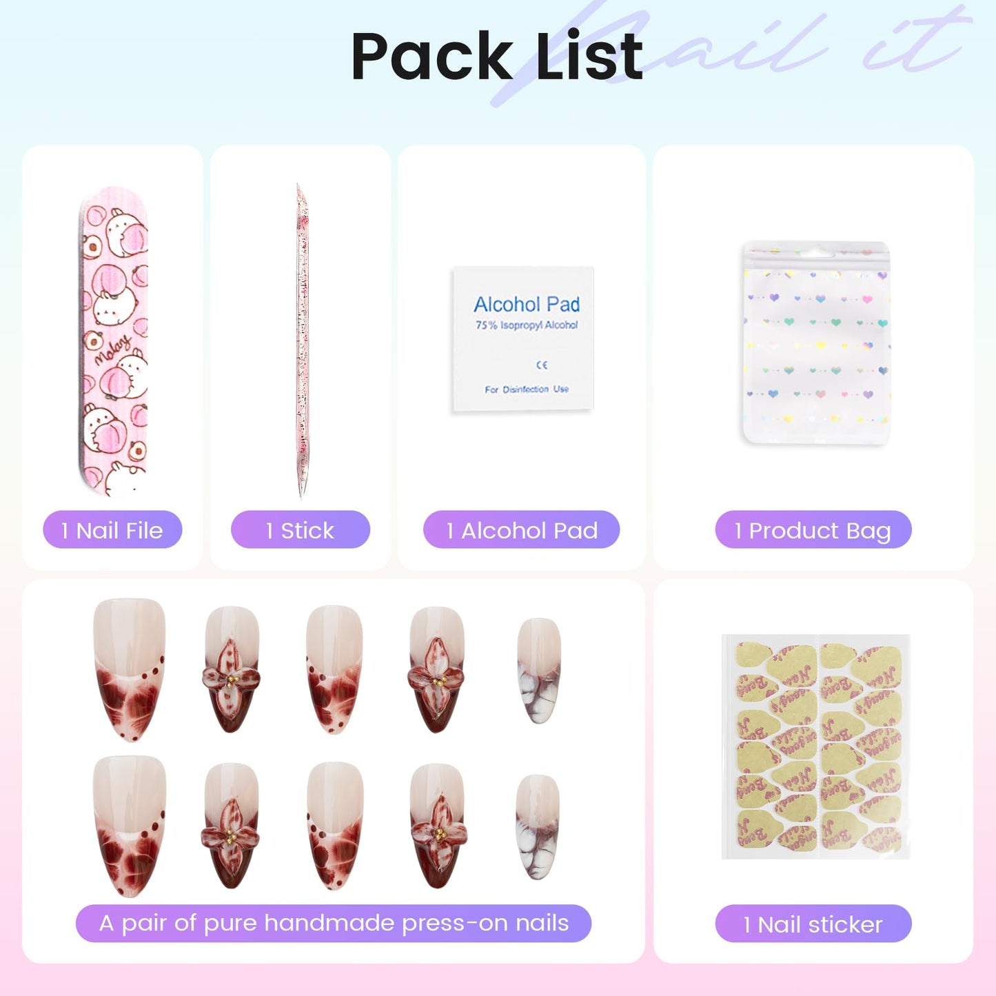 BENGONG'S NAILS Press on False Nails - Size XS, Handcrafted Medium-Length Almond Shape, Reusable Fake Finger Nails, Multiple Styles Available