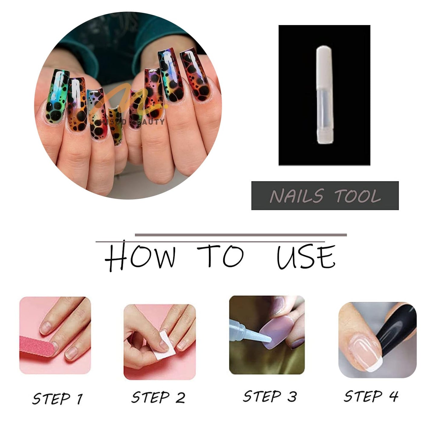 MISUD Press on Nails - Long Square Fake Nails with Colorful Ombre, Acrylic Black Tortoise Shell Design 24 pcs