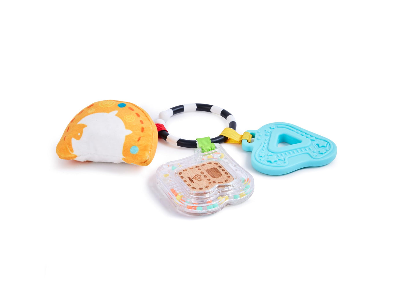 Hape Sensory ABCs Playset, 3-in-1 Baby Travel Toy with Silicone Teether, Rattle, and Plush Toy, High-Contrast Portable High Seat & Stroller Toy for Infants 3-12 Months