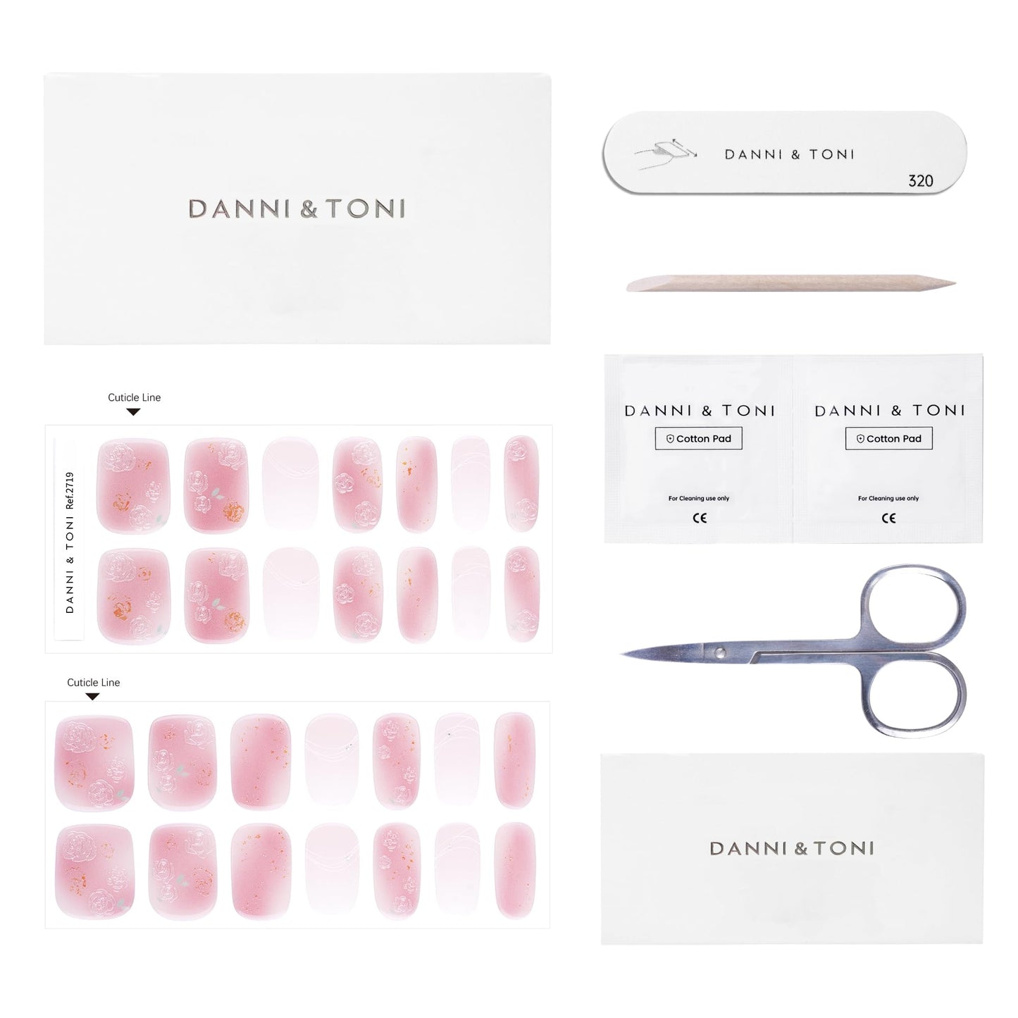 DANNI & TONI Semi Cured Gel Nail Strips Floral (Petal Kiss) Pink White Ombre Gel Nail Wraps 28 Stickers