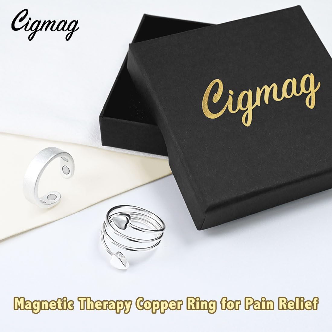 Cigmag 9X Copper Rings for Women, with Powerful Magnets, Adjustable Solid Pure Copper (Silver Matte & Heart)