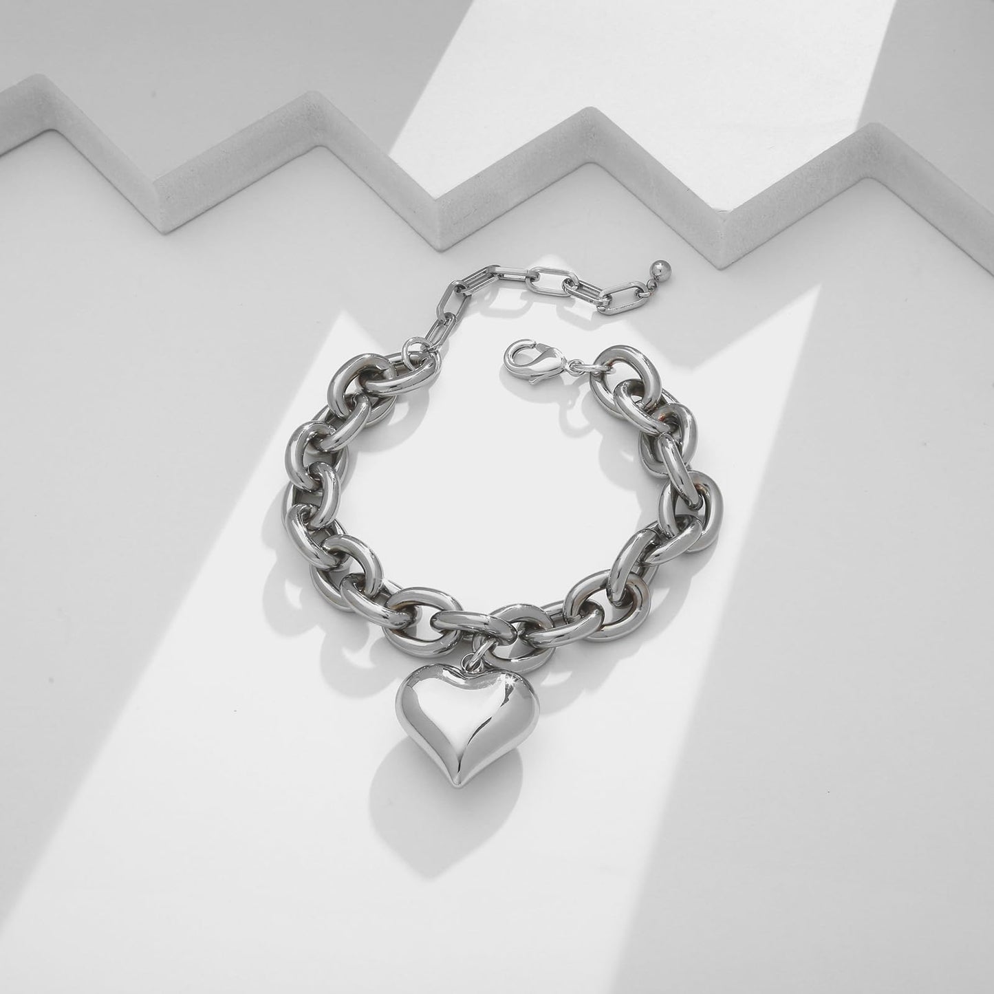 ENSKEFEN Puffy Heart Silver Charm Bracelets for Women Chunky Love Heart Link Chain Bracelets Adjustable White Gold Bangle Bracelet Stackable Jewelry