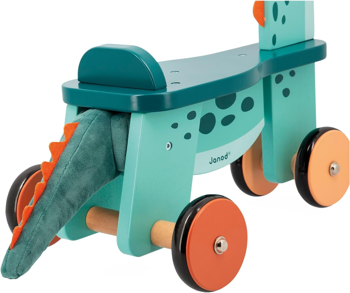 Janod Dino - Ride-On Wooden Dinosaur ‘Portosaurus’ - 18.5” Tall Adorable Scooting Toy with Steerable Front Wheels - Includes Plush Tail - Ages 12 Months- 4 Years - J05828