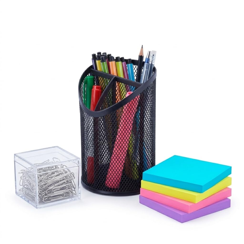 Desk Starter Kit Bundle Metal Mesh Pencil Holder 3 Compartments, Sticky Notes 3x3 in. Neon, Paper Clips 100 Count Student, Office, Home Workspace Organizer Set