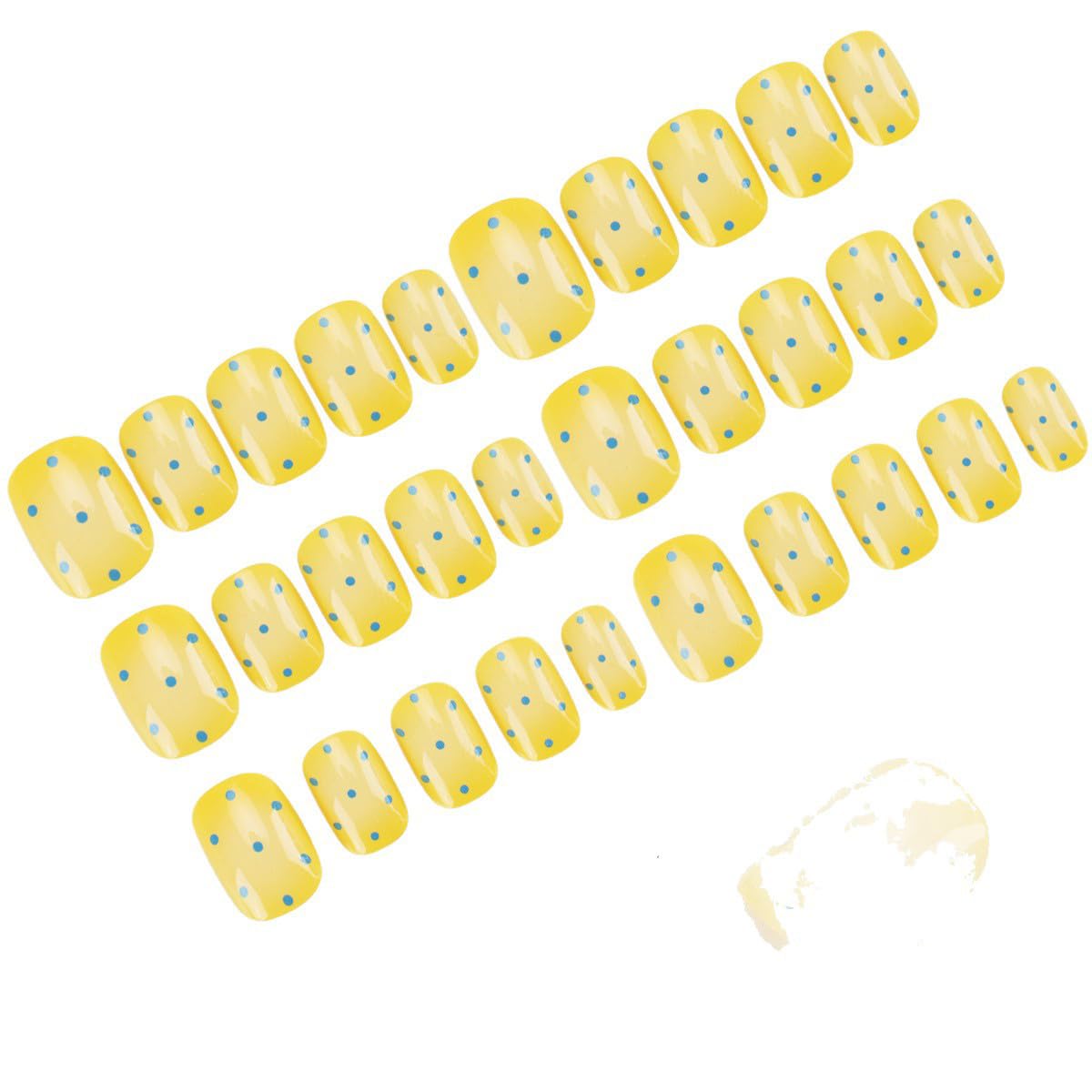 Polka Dot Press on Nails Short Square Fake Nails Summer Yellow Nails Press ons with Blue Dots Design,Reusable Artificial Nail Full Cover Stick on Nails for Women Manicure 24 Pcs