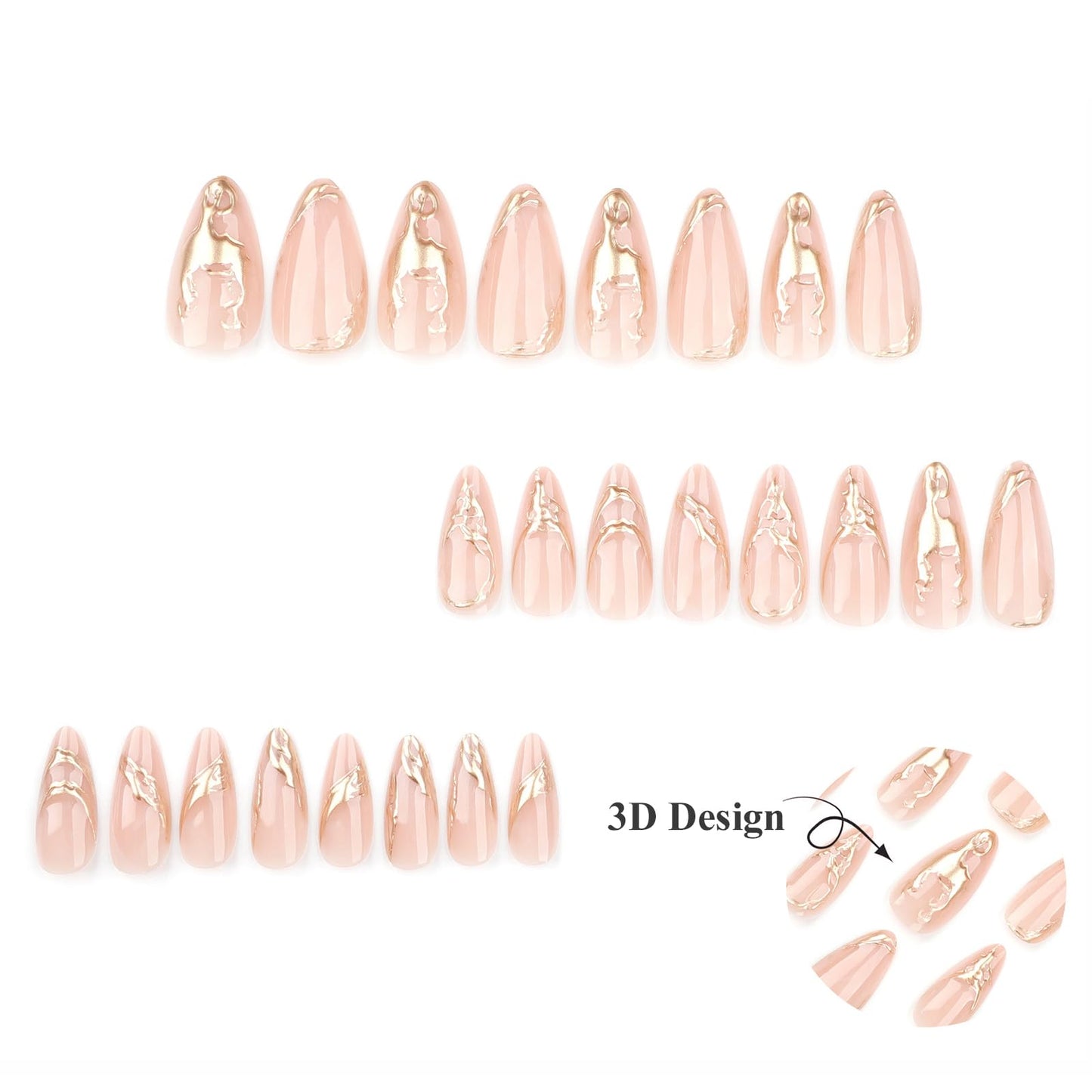 MISUD Press on Nails - Medium Almond Fake Nails with 3D Gold Chrome, Acrylic Bling Design 24 pcs