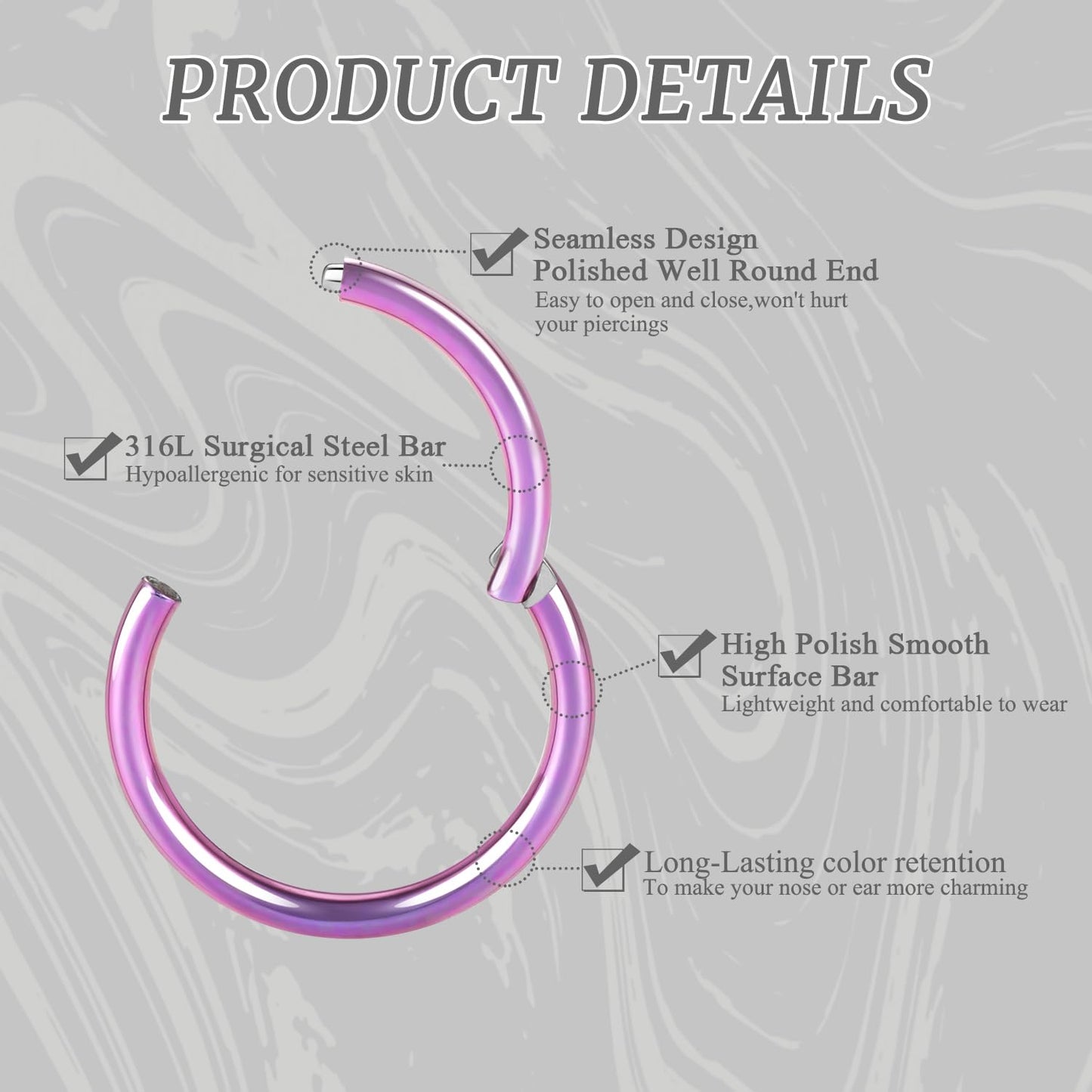16g Nose Ring Hoop Earrings Purple Nose Hoops 16 Gauge Lip Rings Septum Hoop Seamless Septum Clicker 8mm Septum Ring Cartilage Earring Helix Earring Rook Earrings Nose Rings Surgical Steel